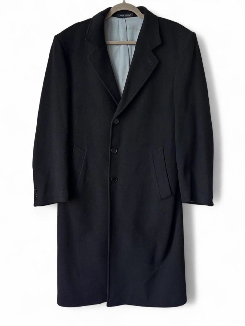 Vintage 90s 100% Cashmere Black Overcoat Made in Italy size L Bloomingdale’s